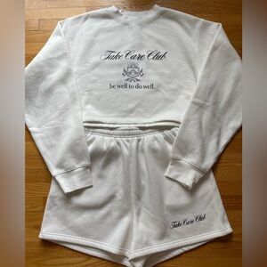 Brunette the label white crop sweater and white high waisted sweat shorts